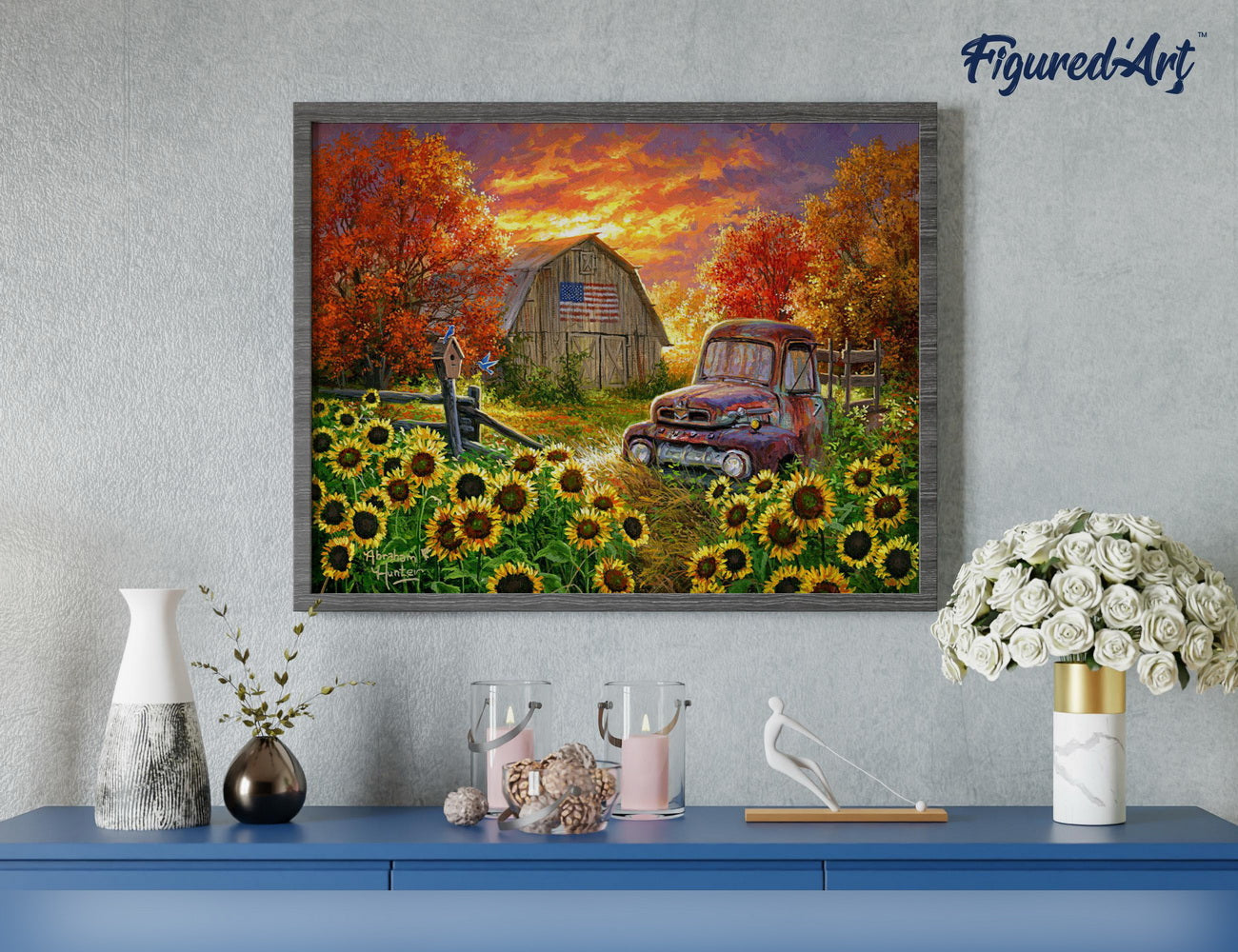 Malen nach Zahlen 40x50cm ohne Keilrahmen Figured’Art Sonnenblumenfeld an der Scheune - Kidis Art