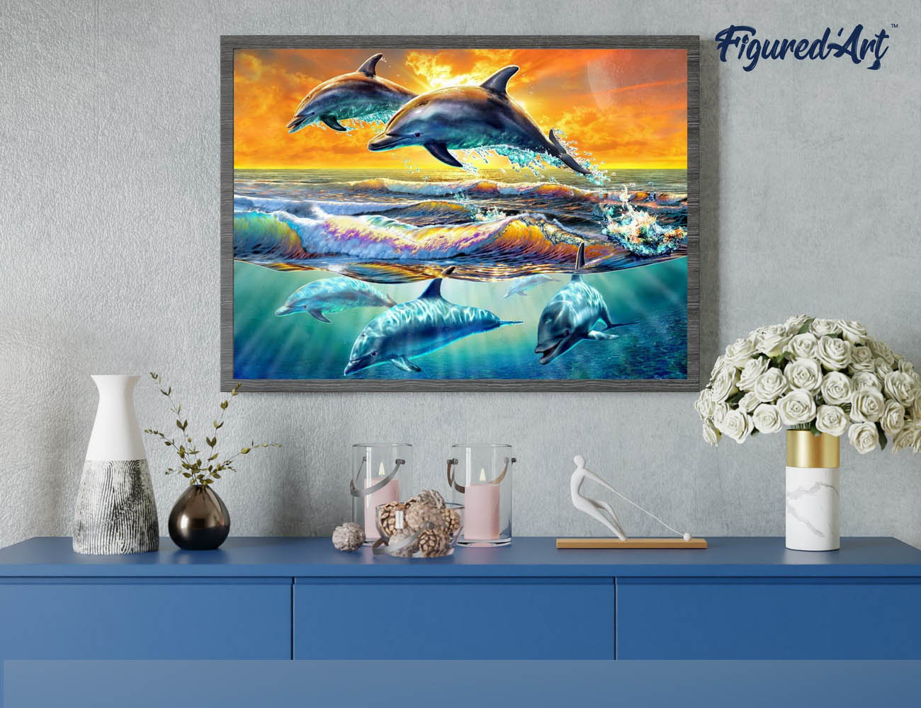 Malen nach Zahlen 40x50cm ohne Keilrahmen Figured’Art Delfine im Sonnenuntergang - Kidis Art