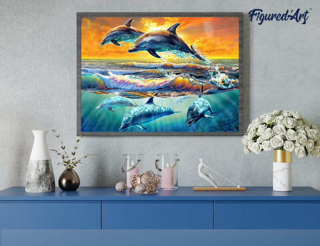 Malen nach Zahlen 40x50cm auf Keilrahmen gespannt Figured’Art Delfine im Sonnenuntergang - Kidis Art