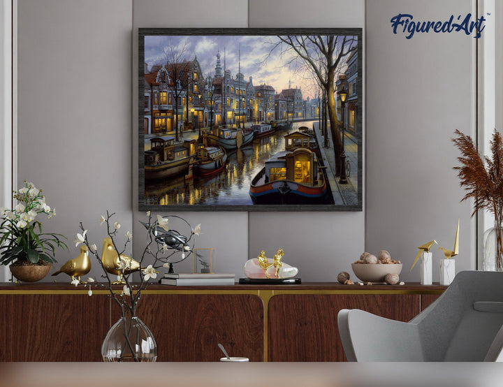 Malen nach Zahlen 40x50cm auf Keilrahmen gespannt Figured’Art Hausboot am Kanal - Kidis Art