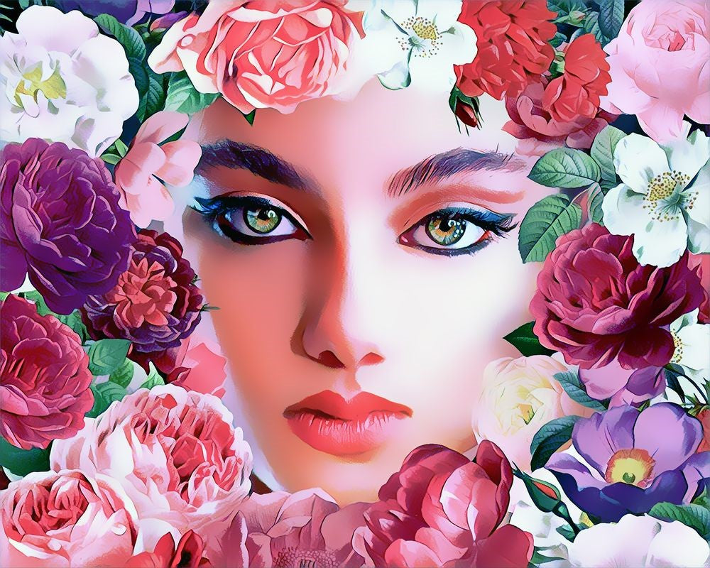 Kreuzstich 32x40cm – Gesicht und Blumen - Kidis Art