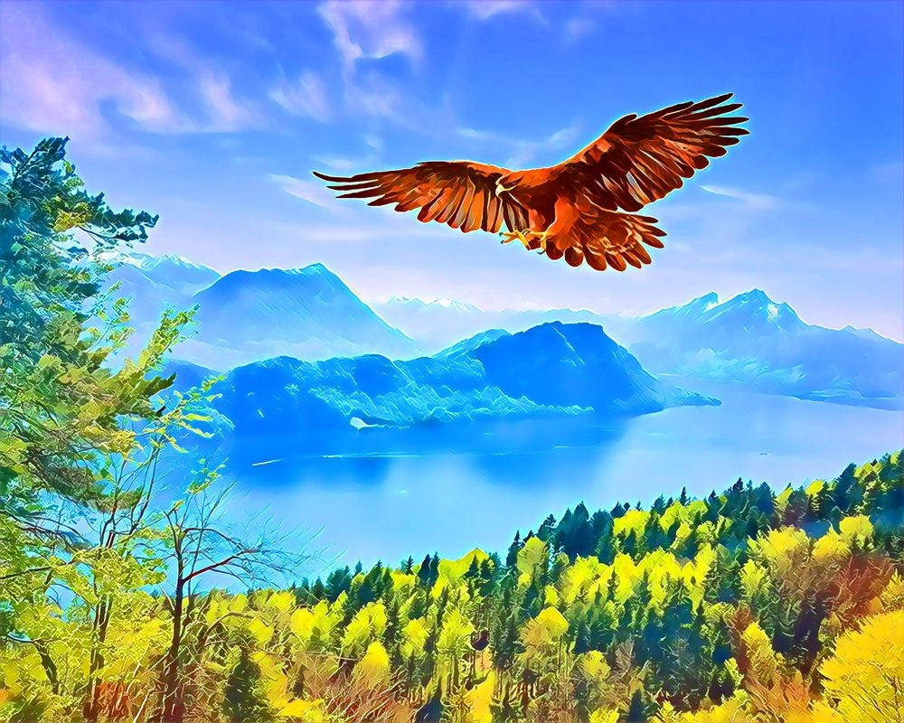 Kreuzstich 32x40cm – Adler und schweizer Landschaft - Kidis Art