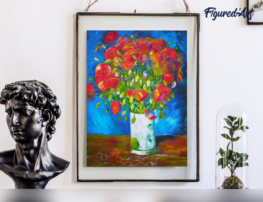 Malen nach Zahlen 40x50cm auf Keilrahmen gespannt Figured’Art Vase mit rotem Klatschmohn – Van Gogh - Kidis Art
