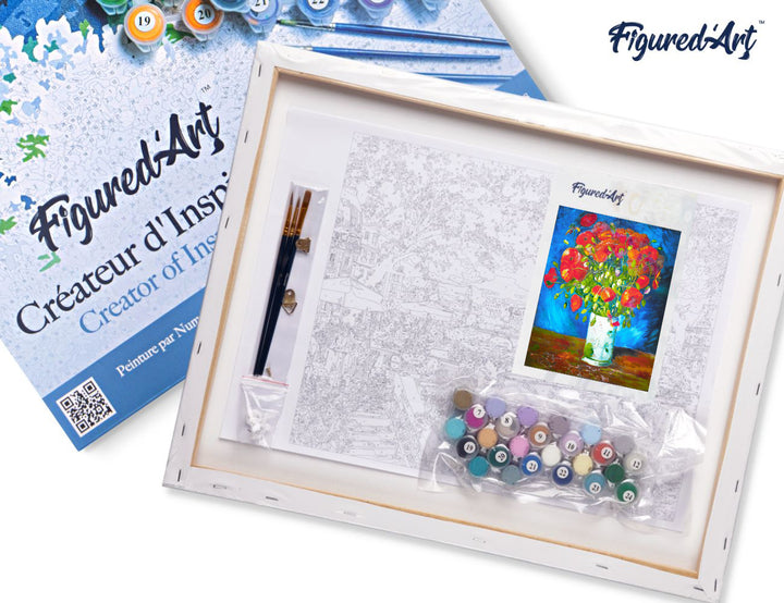 Malen nach Zahlen 40x50cm auf Keilrahmen gespannt Figured’Art Vase mit rotem Klatschmohn – Van Gogh - Kidis Art