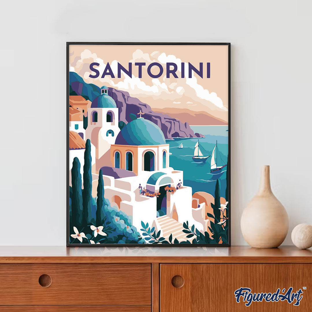 Malen nach Zahlen 40x50cm auf Keilrahmen gespannt Figured’Art Reiseplakat Santorini - Kidis Art