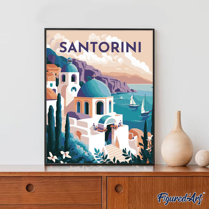 Malen nach Zahlen 40x50cm auf Keilrahmen gespannt Figured’Art Reiseplakat Santorini - Kidis Art