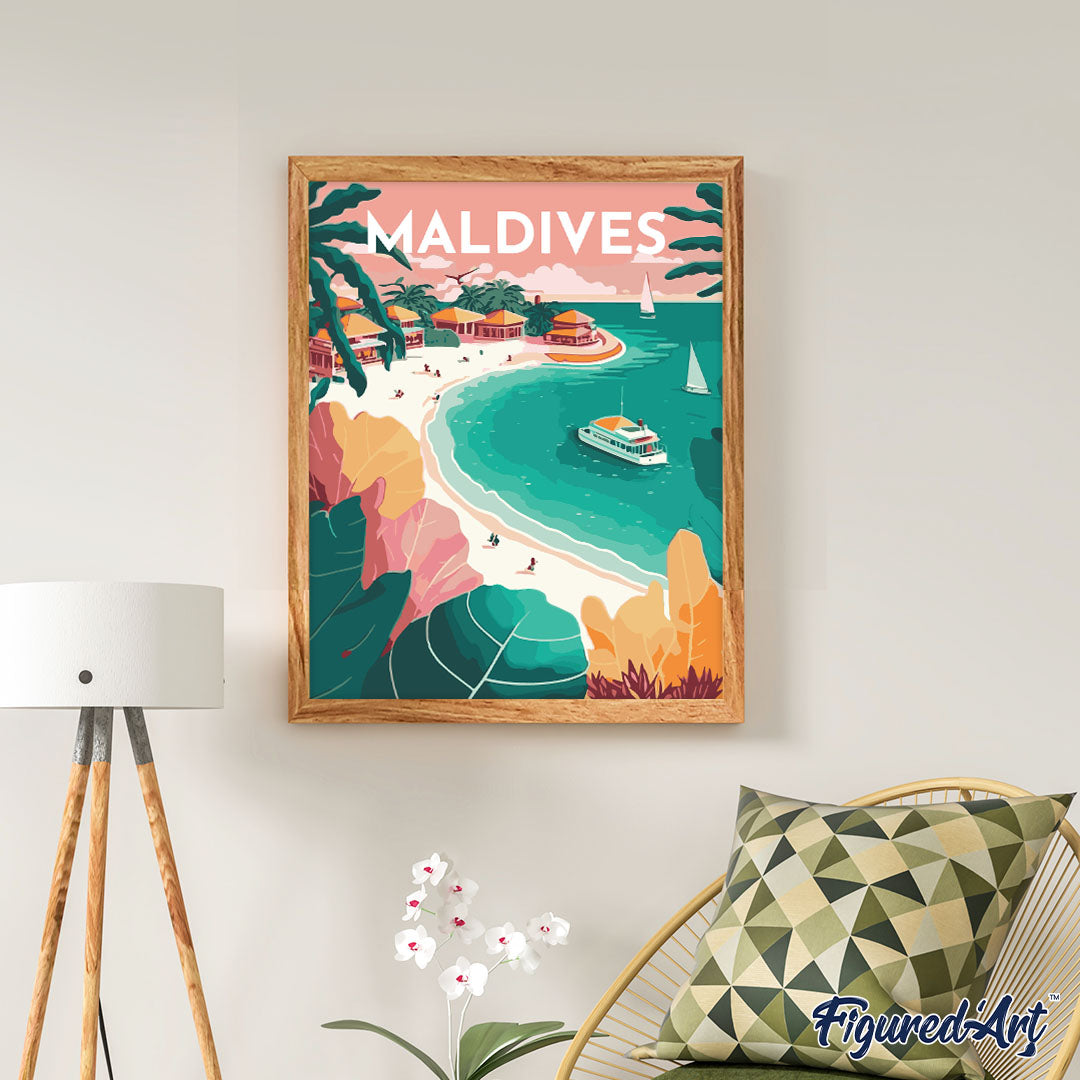Malen nach Zahlen 40x50cm auf Keilrahmen gespannt Figured’Art Vintage-Poster Malediven - Kidis Art