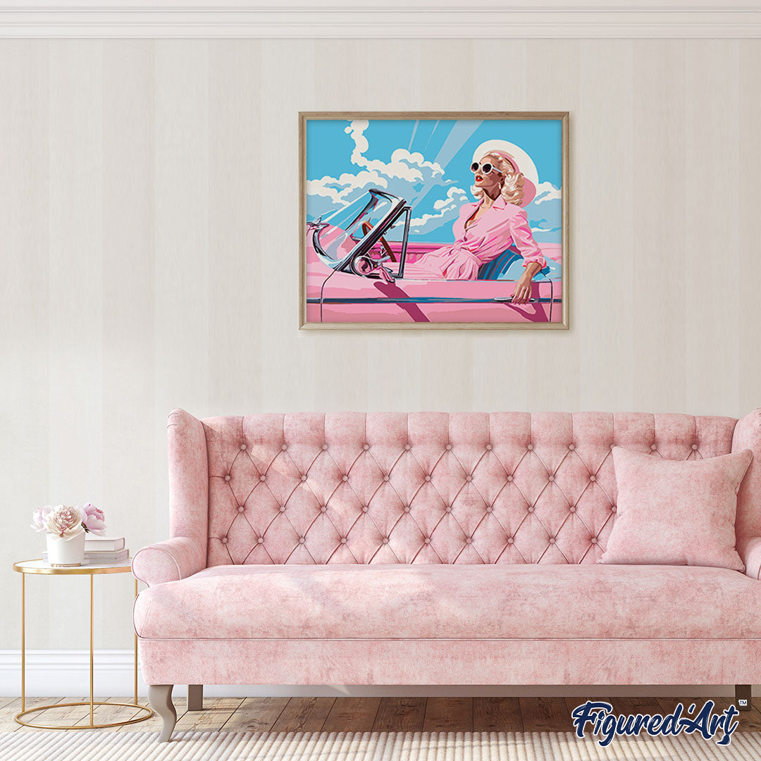 Malen nach Zahlen 40x50cm auf Keilrahmen gespannt Figured’Art Diva in einem rosa Retro-Auto - Kidis Art