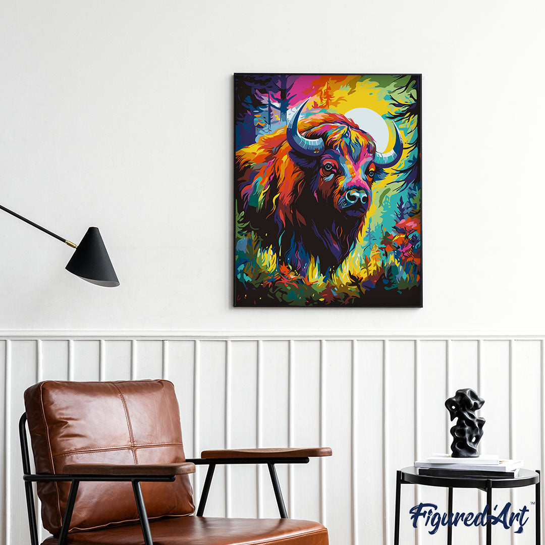 Malen nach Zahlen 40x50cm ohne Keilrahmen Figured’Art Bison Farbenfroh Abstrakt - Kidis Art