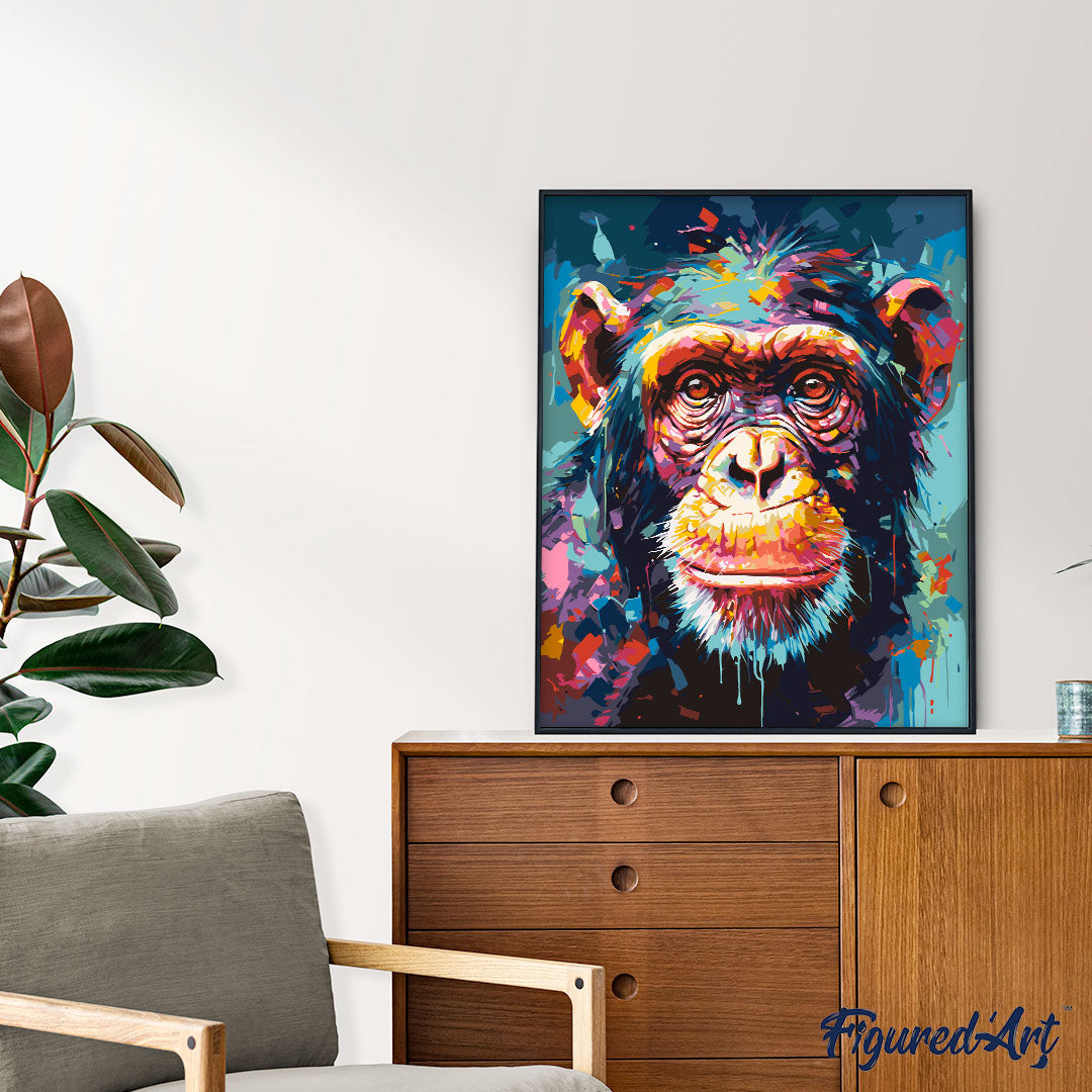 Malen nach Zahlen 40x50cm auf Keilrahmen gespannt Figured’Art Schimpanse Farbenfroh Abstrakt - Kidis Art