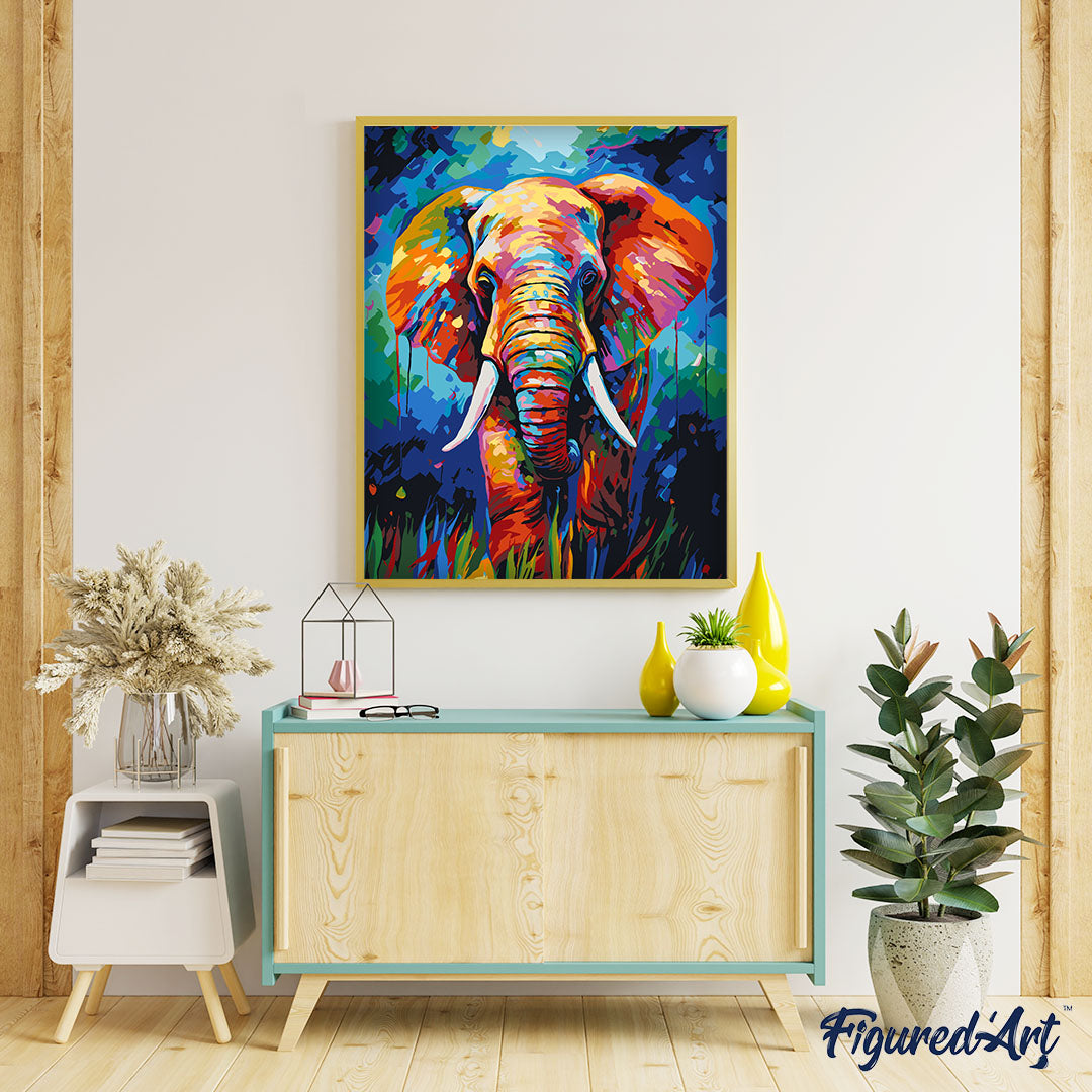 Malen nach Zahlen 40x50cm ohne Keilrahmen Figured’Art Elefant Farbenfroh Abstrakt - Kidis Art