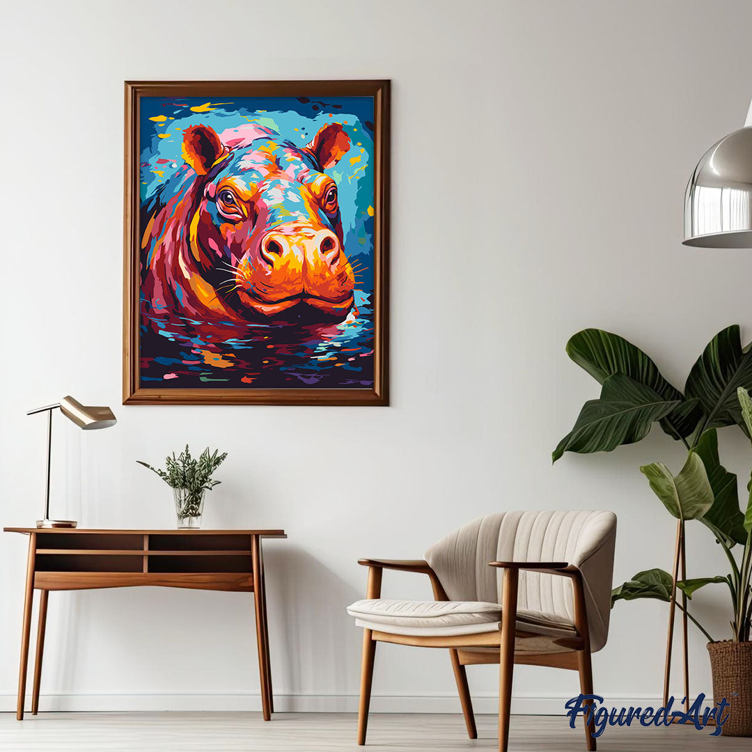 Malen nach Zahlen 40x50cm auf Keilrahmen gespannt Figured’Art Flusspferd Farbenfroh Abstrakt - Kidis Art