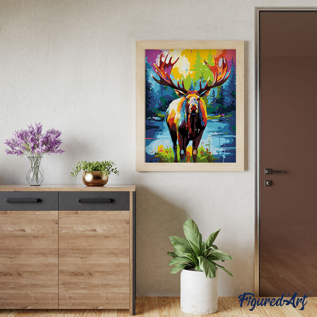 Malen nach Zahlen 40x50cm ohne Keilrahmen Figured’Art Elch Farbenfroh Abstrakt - Kidis Art