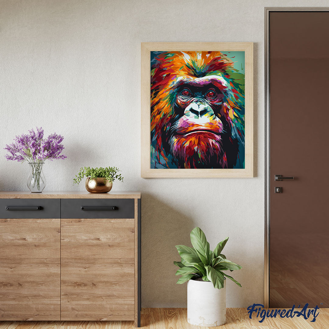 Malen nach Zahlen 40x50cm auf Keilrahmen gespannt Figured’Art Orang-Utan Farbenfroh Abstrakt - Kidis Art