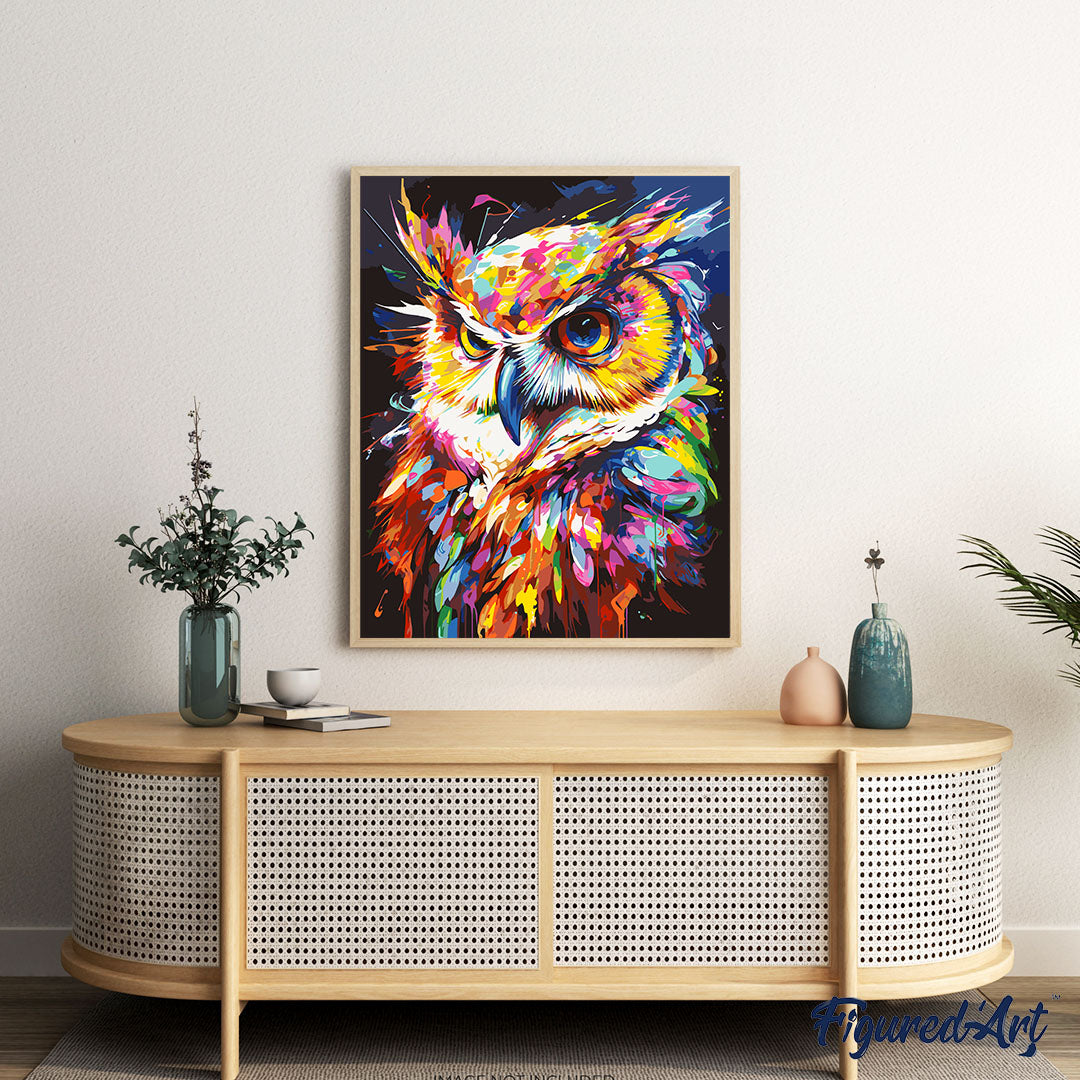 Malen nach Zahlen 40x50cm ohne Keilrahmen Figured’Art Eule Farbenfroh Abstrakt - Kidis Art