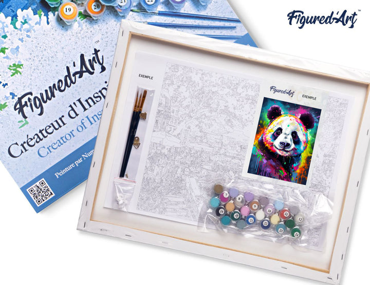 Malen nach Zahlen 40x50cm auf Keilrahmen gespannt Figured’Art Panda Farbenfroh Abstrakt - Kidis Art