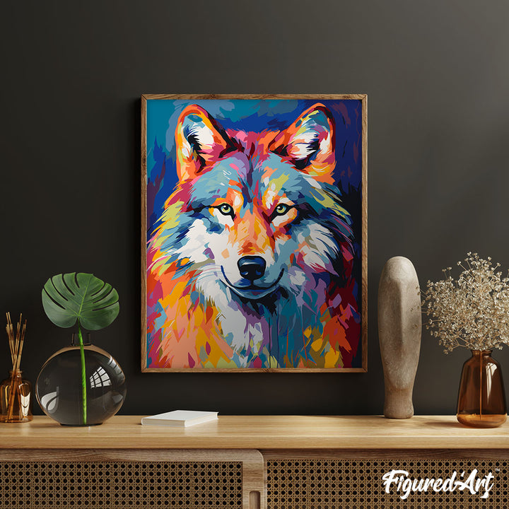 Malen nach Zahlen 40x50cm ohne Keilrahmen Figured’Art Wolf Farbenfroh Abstrakt - Kidis Art