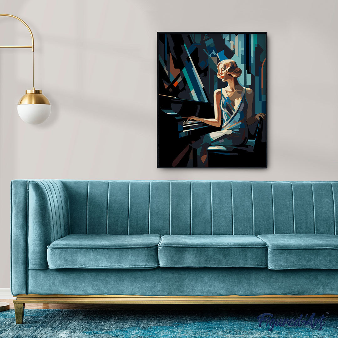 Malen nach Zahlen 40x50cm auf Keilrahmen gespannt Figured’Art Art-Deco-Frau am Klavier - Kidis Art