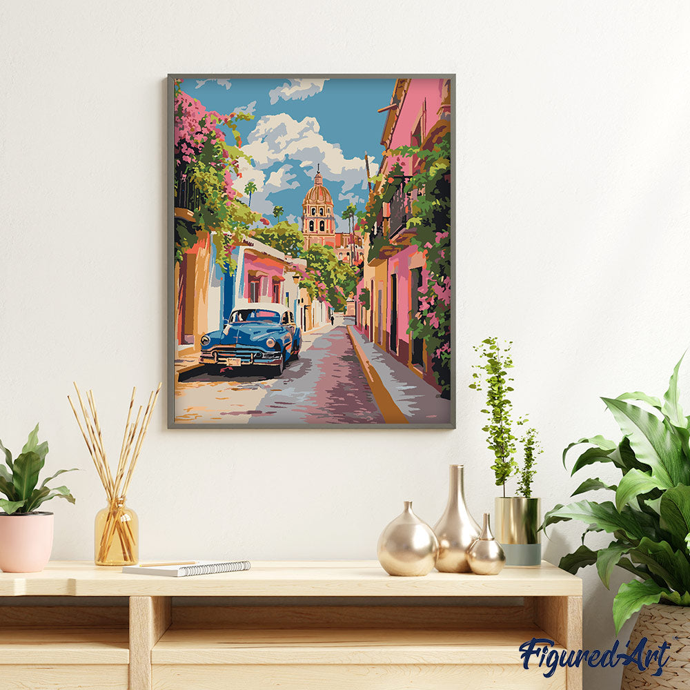 Malen nach Zahlen 40x50cm auf Keilrahmen gespannt Figured’Art Oldtimer Auto in Mexiko City - Kidis Art