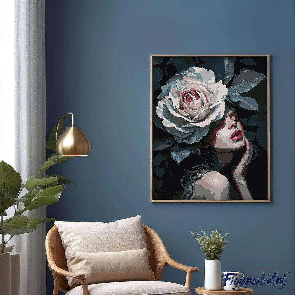 Malen nach Zahlen 40x50cm auf Keilrahmen gespannt Figured’Art Dame mit Weisser Rose - Kidis Art