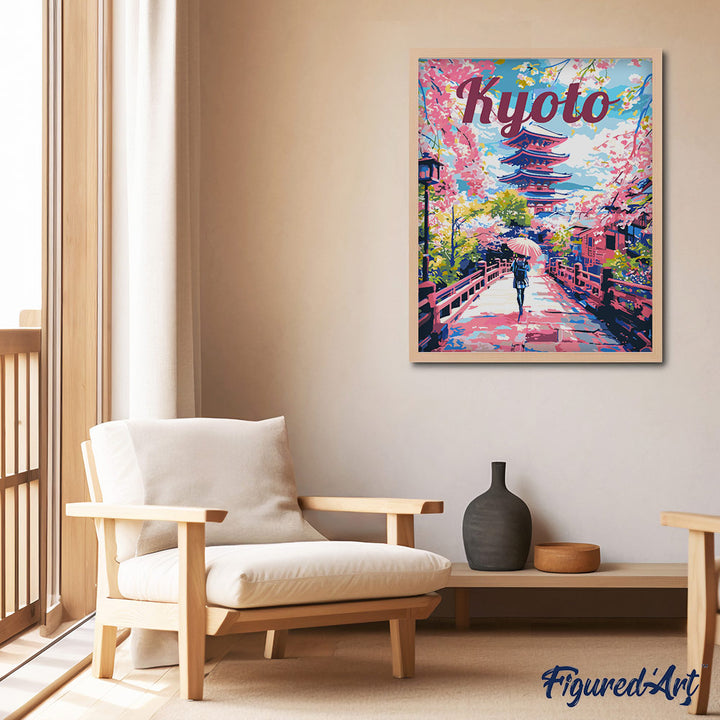 Malen nach Zahlen 40x50cm auf Keilrahmen gespannt Figured’Art Reiseposter Kyoto in voller Blüte - Kidis Art