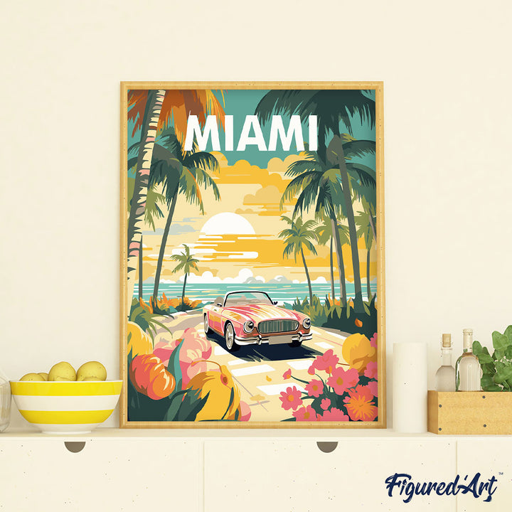 Malen nach Zahlen 40x50cm auf Keilrahmen gespannt Figured’Art Reiseposter Miami Sonnenuntergang - Kidis Art
