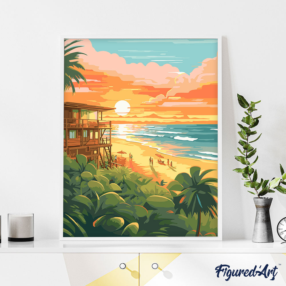 Malen nach Zahlen 40x50cm auf Keilrahmen gespannt Figured’Art Strandclub bei Sonnenuntergang - Kidis Art