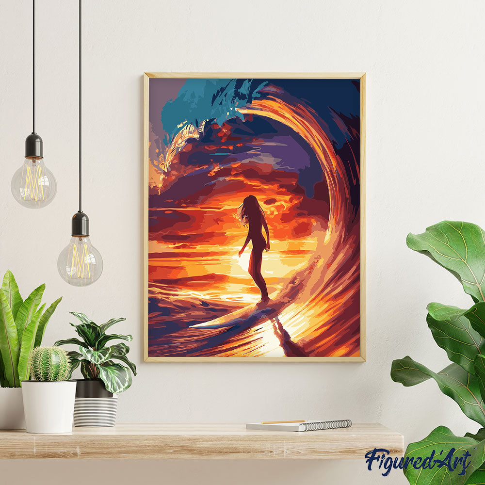 Malen nach Zahlen 40x50cm auf Keilrahmen gespannt Figured’Art Surfmädchen und die grosse Welle - Kidis Art