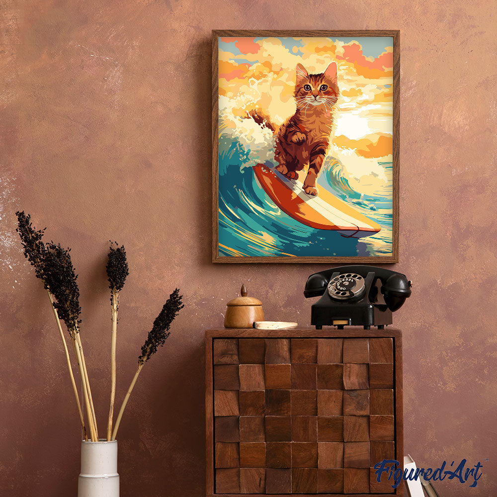 Malen nach Zahlen 40x50cm auf Keilrahmen gespannt Figured’Art Surfende Katze - Kidis Art