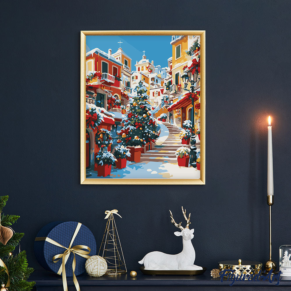 Malen nach Zahlen 40x50cm auf Keilrahmen gespannt Figured’Art Mediterranes Weihnachtsdorf - Kidis Art