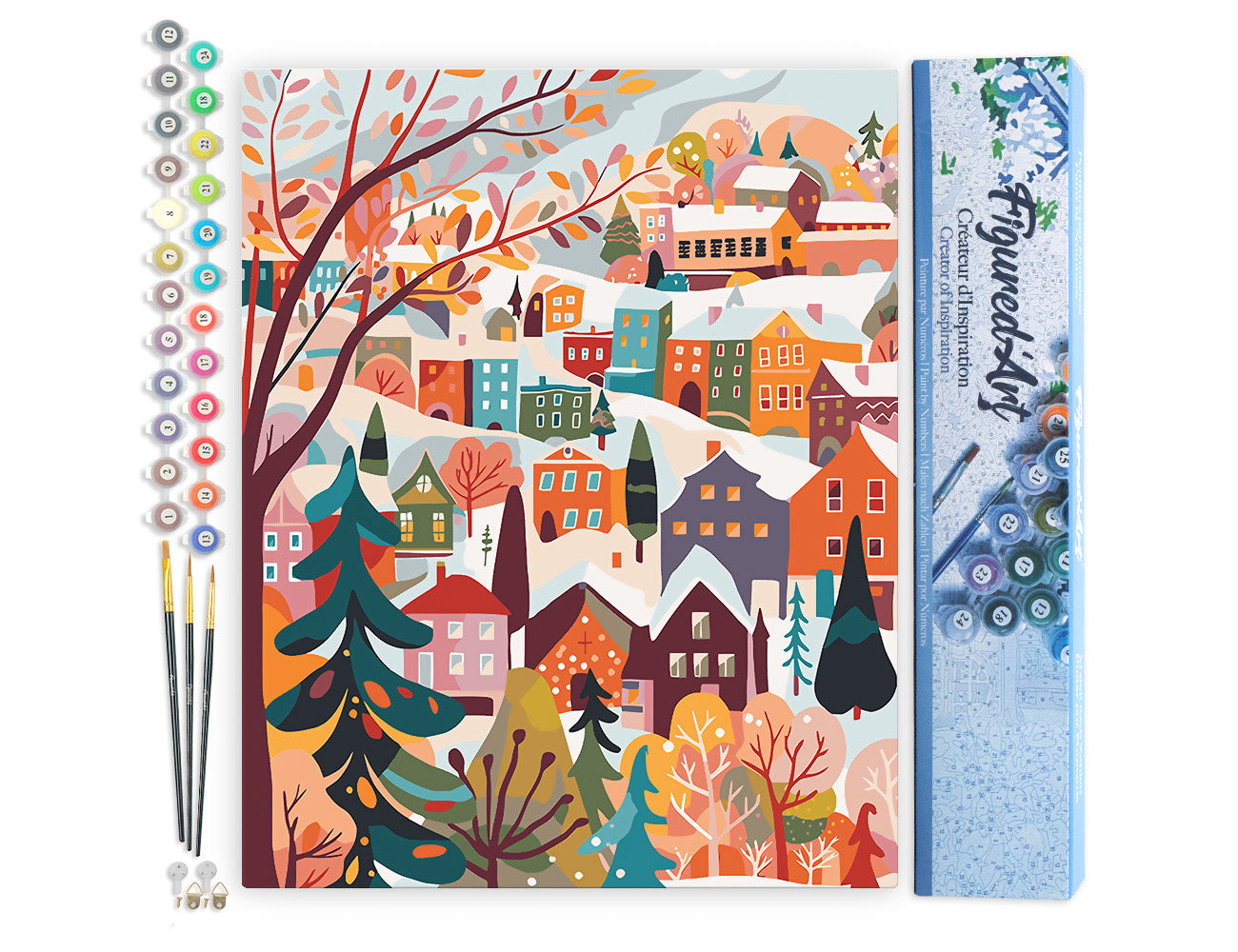 Malen nach Zahlen 40x50cm ohne Keilrahmen Figured’Art Farbenfrohes Winterdorf - Kidis Art