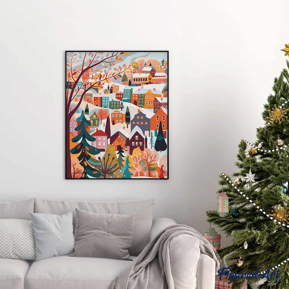 Malen nach Zahlen 40x50cm ohne Keilrahmen Figured’Art Farbenfrohes Winterdorf - Kidis Art