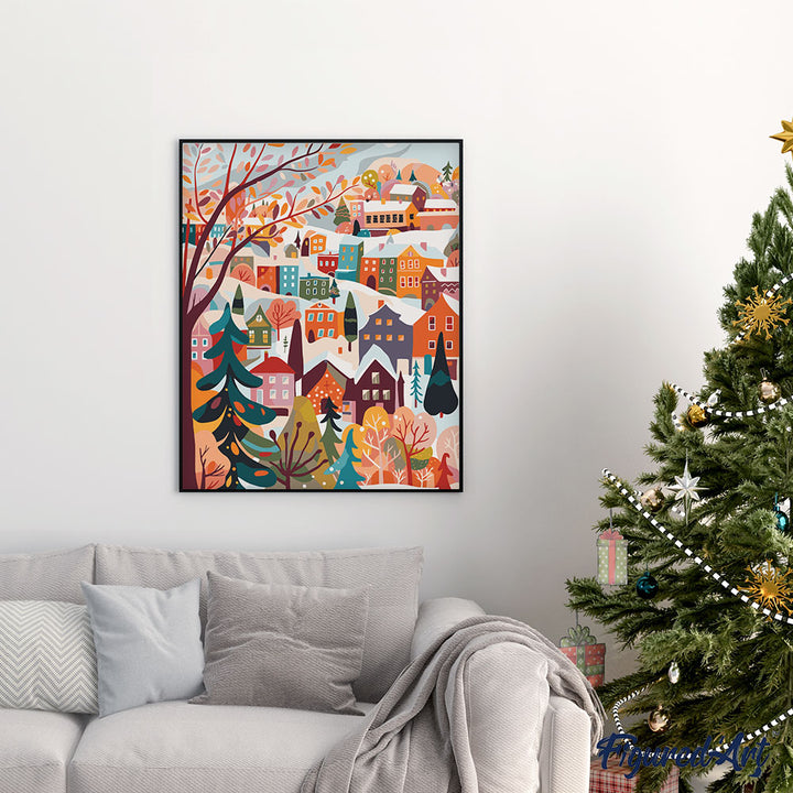 Malen nach Zahlen 40x50cm auf Keilrahmen gespannt Figured’Art Farbenfrohes Winterdorf - Kidis Art