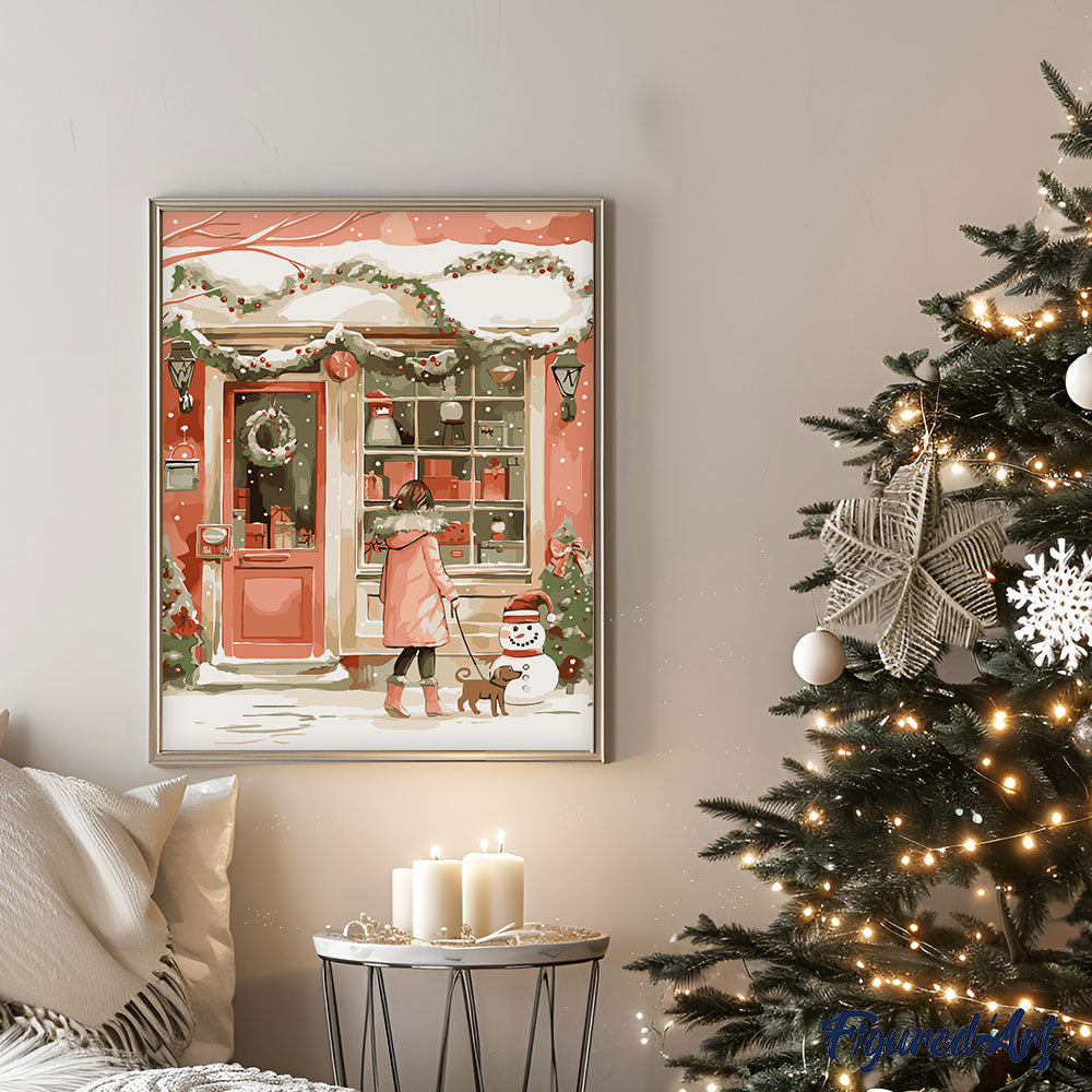 Malen nach Zahlen 40x50cm auf Keilrahmen gespannt Figured’Art Junge Frau und ihr Hund zu Weihnachten - Kidis Art