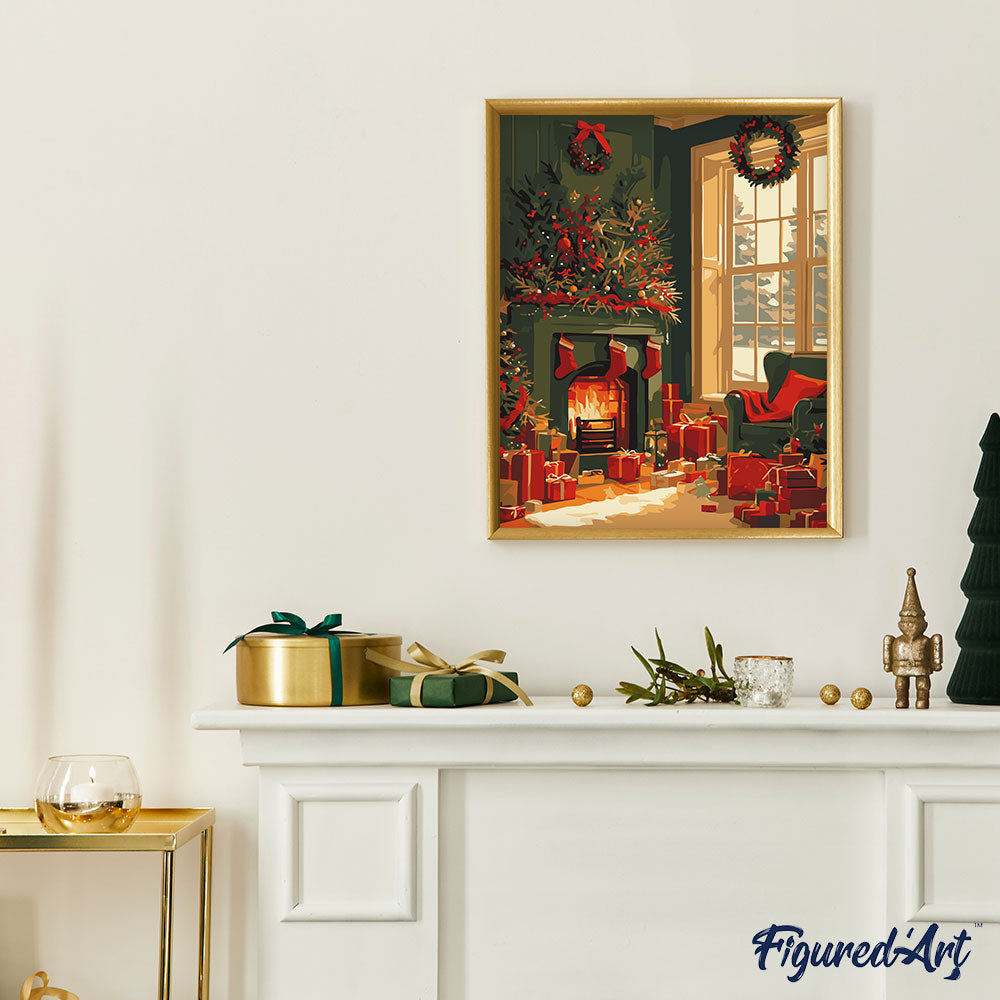 Malen nach Zahlen 40x50cm auf Keilrahmen gespannt Figured’Art Kaminfeuer zu Weihnachten - Kidis Art