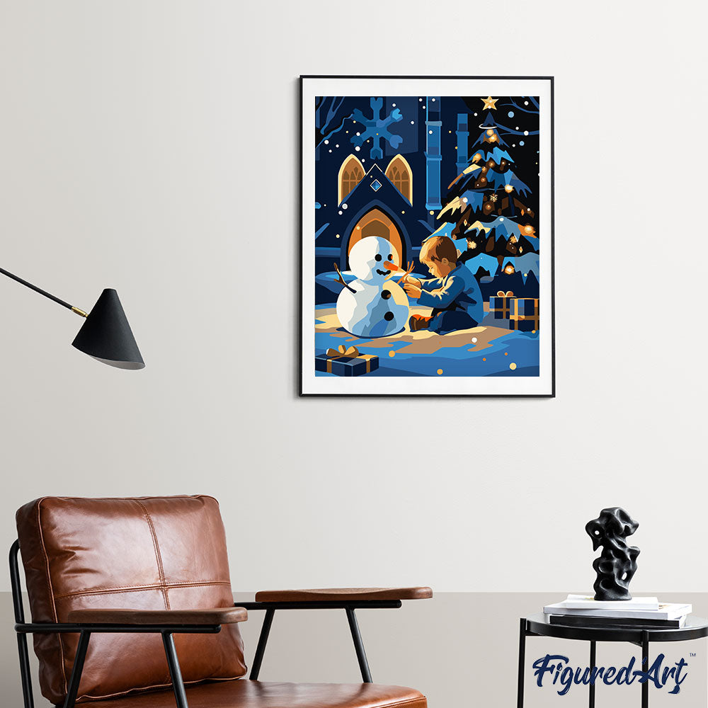 Malen nach Zahlen 40x50cm auf Keilrahmen gespannt Figured’Art Junge und Schneemann in einer Winternacht - Kidis Art