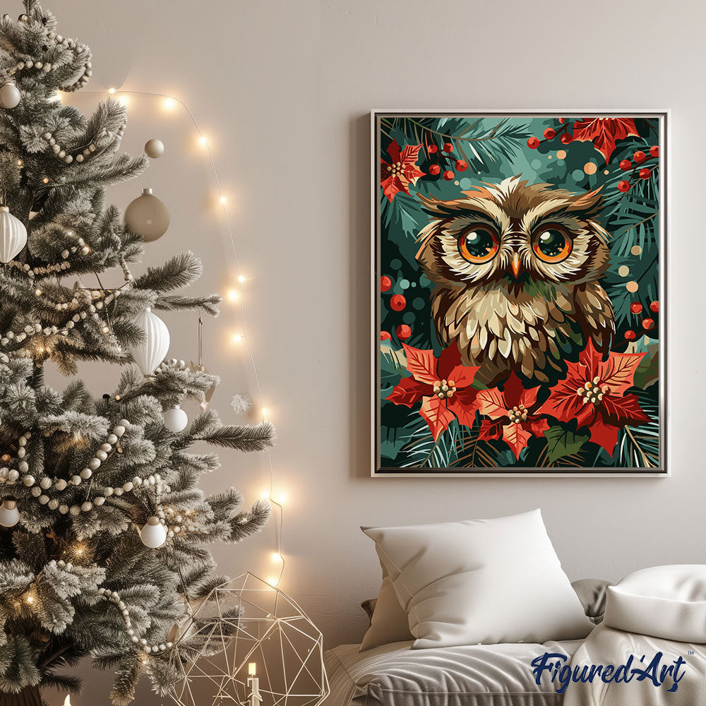 Malen nach Zahlen 40x50cm auf Keilrahmen gespannt Figured’Art Weihnachts-Eule - Kidis Art