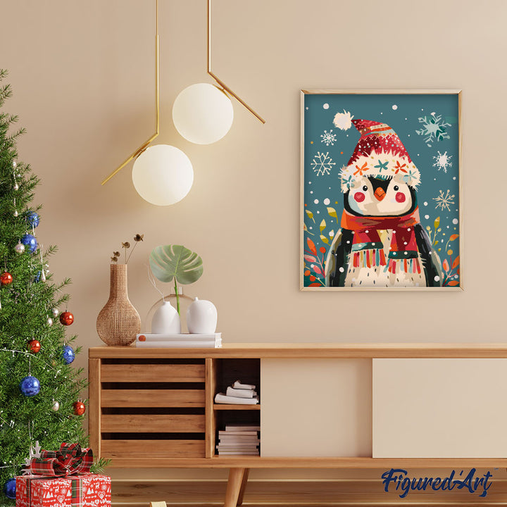 Malen nach Zahlen 40x50cm ohne Keilrahmen Figured’Art Kleiner Weihnachts-Pinguin - Kidis Art