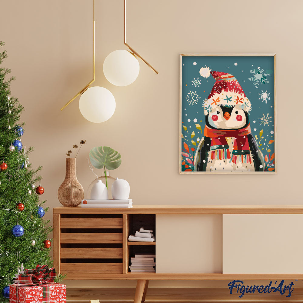 Malen nach Zahlen 40x50cm auf Keilrahmen gespannt Figured’Art Kleiner Weihnachts-Pinguin - Kidis Art