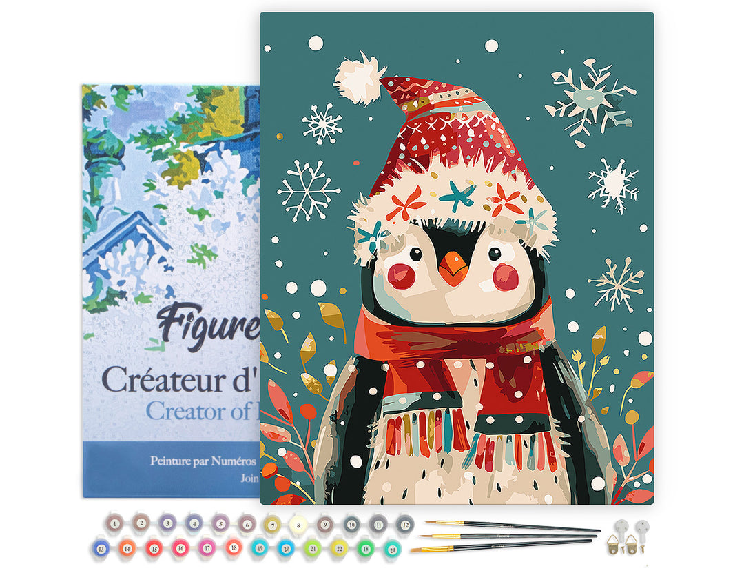 Malen nach Zahlen 40x50cm auf Keilrahmen gespannt Figured’Art Kleiner Weihnachts-Pinguin - Kidis Art