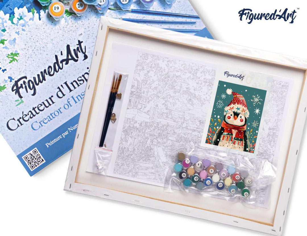 Malen nach Zahlen 40x50cm auf Keilrahmen gespannt Figured’Art Kleiner Weihnachts-Pinguin - Kidis Art