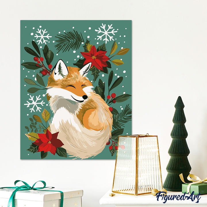 Malen nach Zahlen 40x50cm auf Keilrahmen gespannt Figured’Art Kleiner Weihnachts-Fuchs - Kidis Art