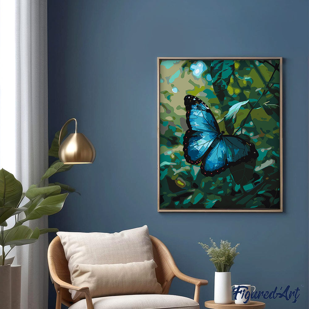 Malen nach Zahlen 40x50cm auf Keilrahmen gespannt Figured’Art Blauer Morpho Schmetterling - Kidis Art