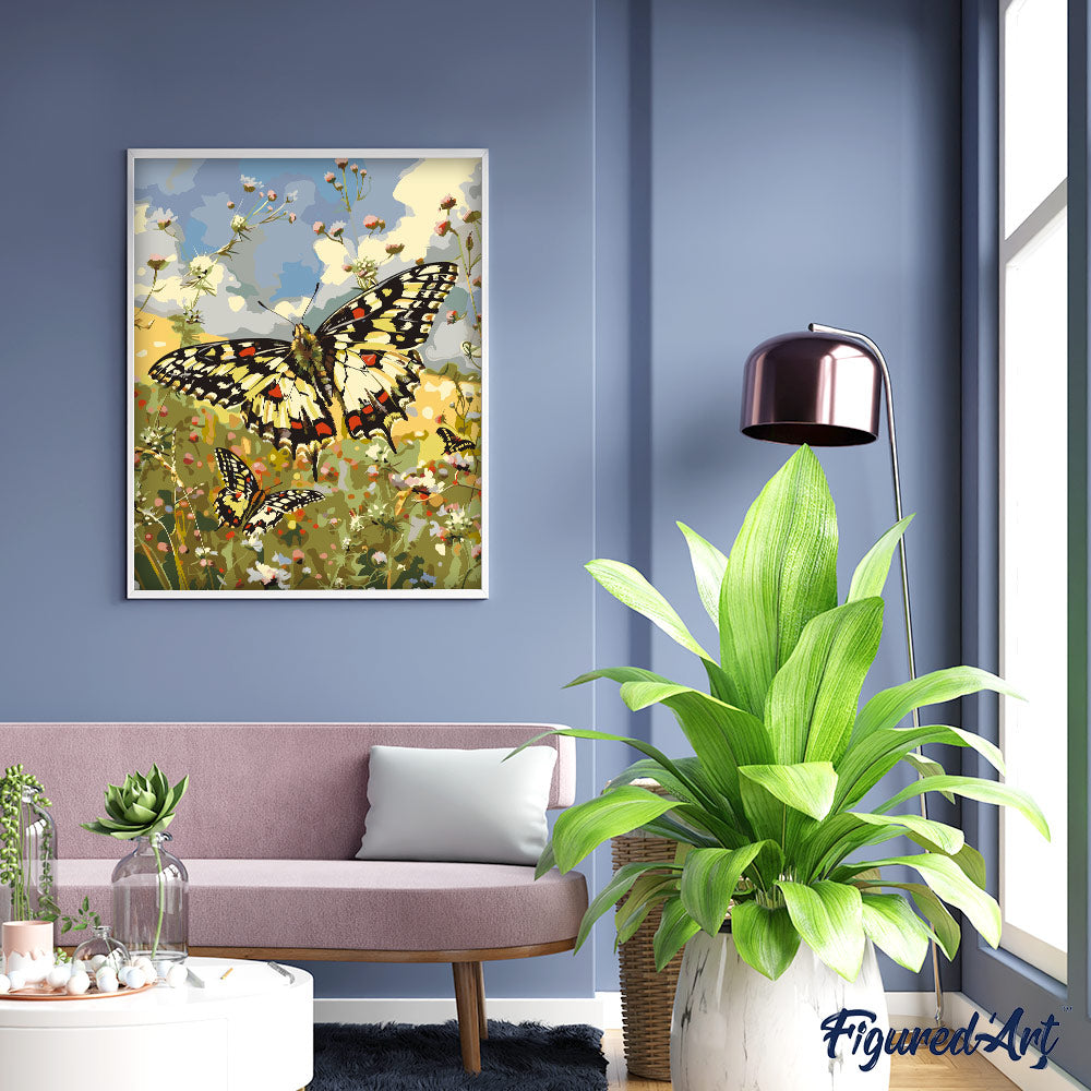 Malen nach Zahlen 40x50cm auf Keilrahmen gespannt Figured’Art Proserpine Schmetterling und Feldblumen - Kidis Art