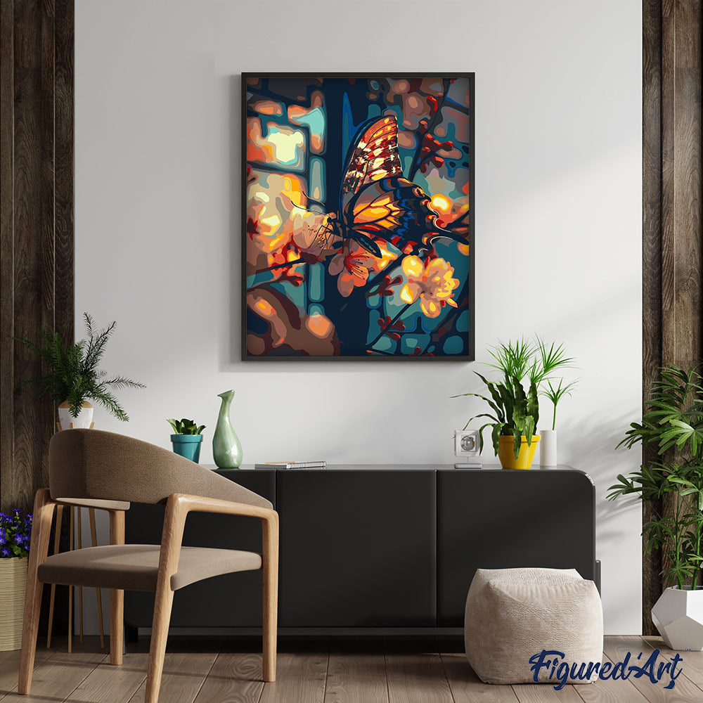 Malen nach Zahlen 40x50cm auf Keilrahmen gespannt Figured’Art Schmetterling und Kirschblüten - Kidis Art