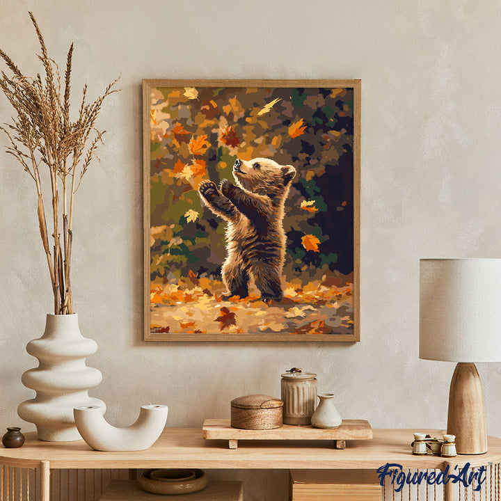 Malen nach Zahlen 40x50cm ohne Keilrahmen Figured’Art Teddybär und fallende Blätter - Kidis Art
