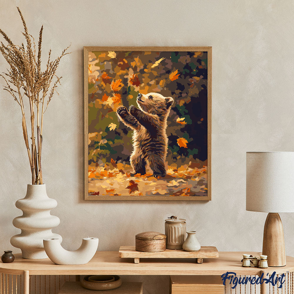 Malen nach Zahlen 40x50cm auf Keilrahmen gespannt Figured’Art Teddybär und fallende Blätter - Kidis Art