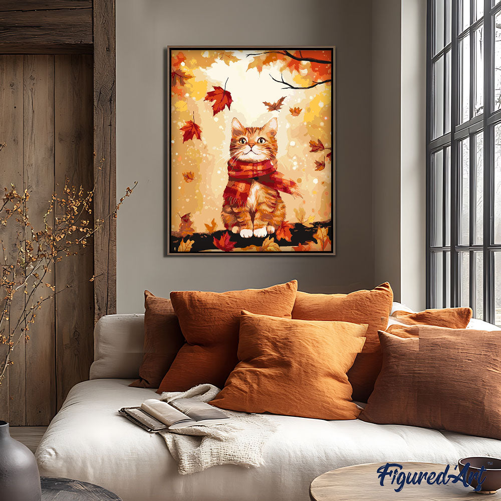 Malen nach Zahlen 40x50cm auf Keilrahmen gespannt Figured’Art Kuschelige Katze im Herbst - Kidis Art
