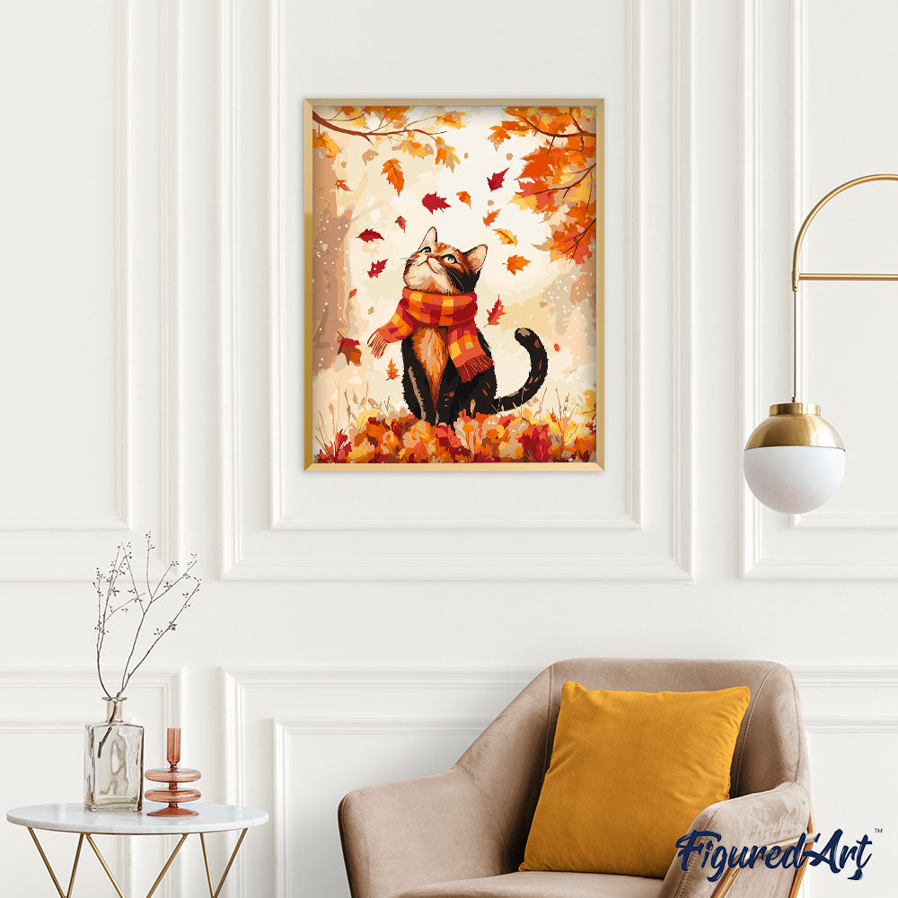 Malen nach Zahlen 40x50cm auf Keilrahmen gespannt Figured’Art Verspielte Katze im Herbst - Kidis Art