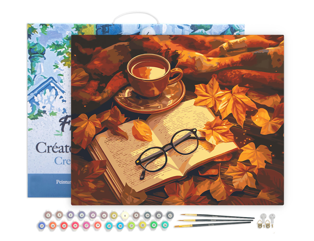 Malen nach Zahlen 40x50cm auf Keilrahmen gespannt Figured’Art Tee und Buch im Herbst - Kidis Art